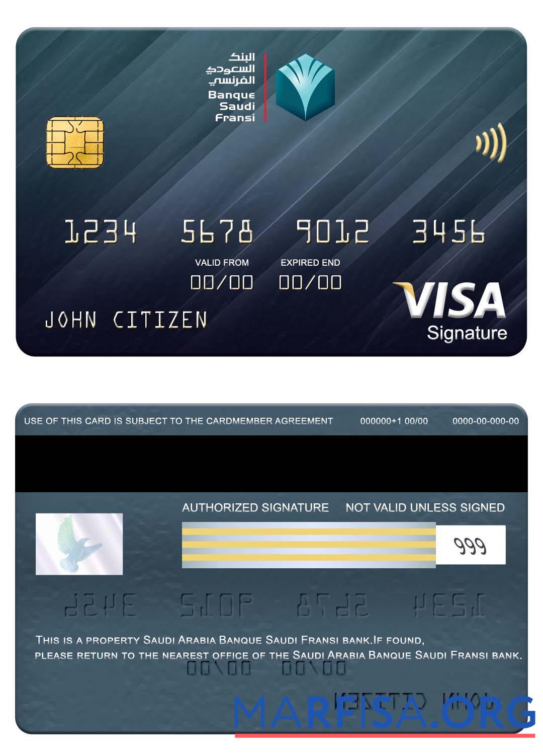 Blank Saudi Arabia Banque Saudi Fransi bank visa signature card example